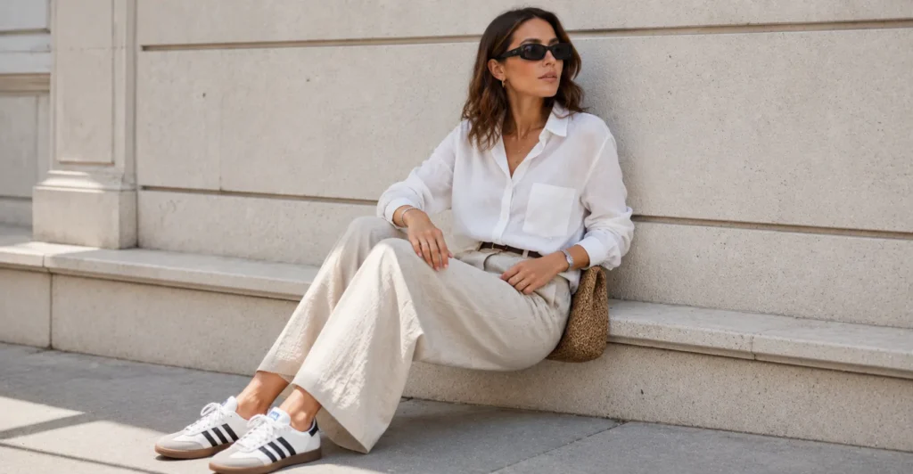 Summer samba adidas outfit featuring linen trousers and Adidas Samba sneakers.