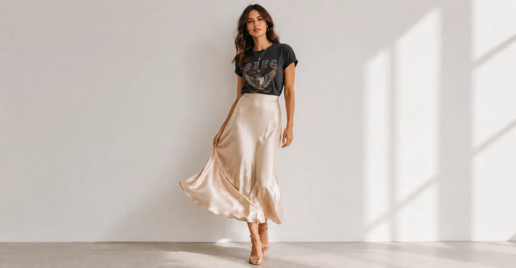 Graphic tee styling with flowing midi skirt and sandals