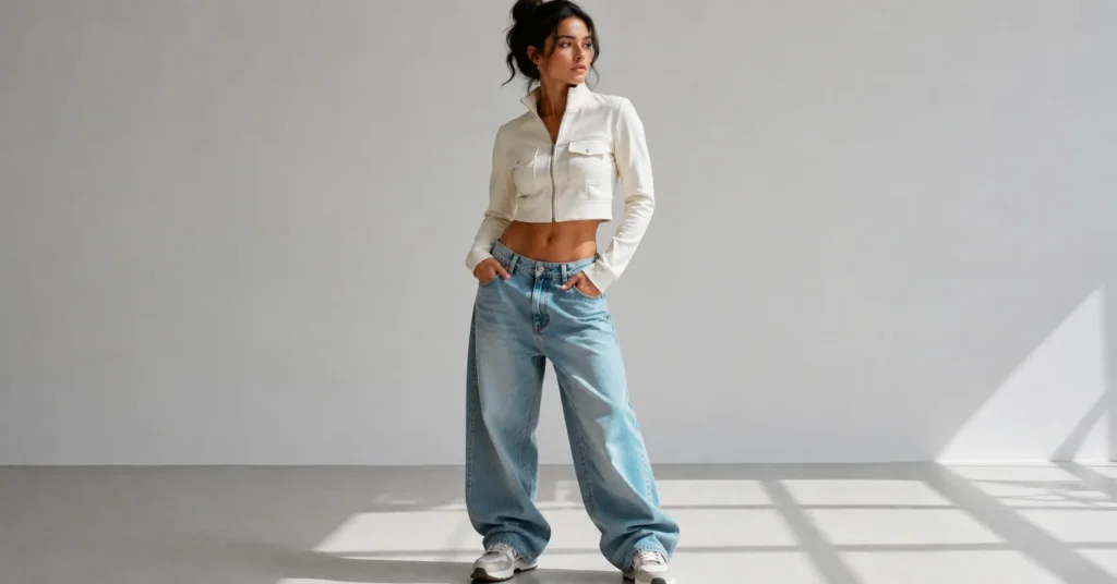 Low-rise baggy jeans outfit showcasing trendy oversized denim fashion inspiration.
