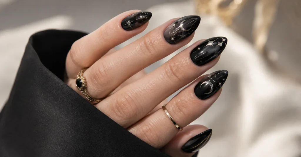 Gothic black nail art ideas with celestial-inspired manicure designs.