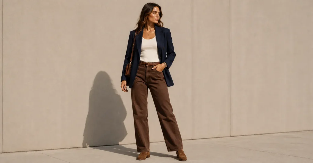 Brown jeans fashion trend paired with a navy blazer for smart casual style.