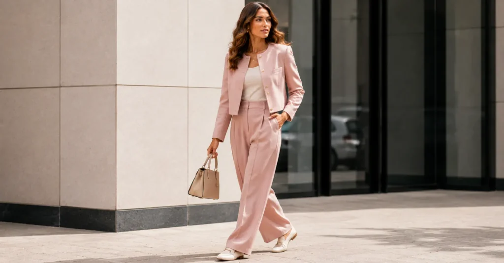 Cropped collarless blazer outfit ideas with high-waisted trousers and modern street style fashion.