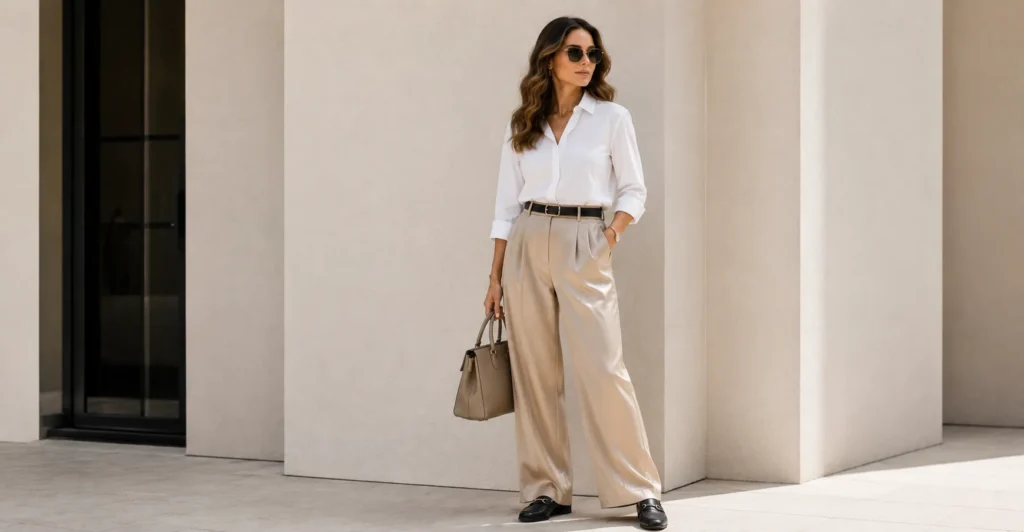 Silk trouser outfit ideas styled with a white button-down shirt and classic loafers.