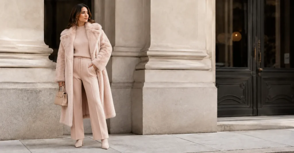 Cozy glam faux fur coats outfit ideas with blush faux fur coat and tonal knit set.