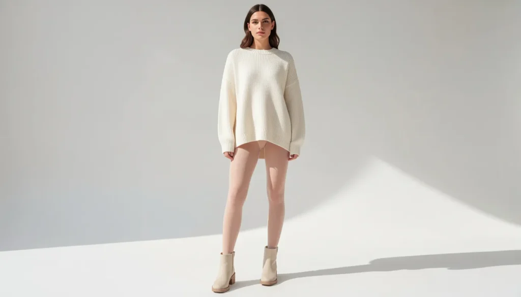 Fleece Lined Tights Outfit Ideas: Stay Warm and Stylish This Winter 4 Nude fleece lined tights outfit ideas with oversized ivory sweater.