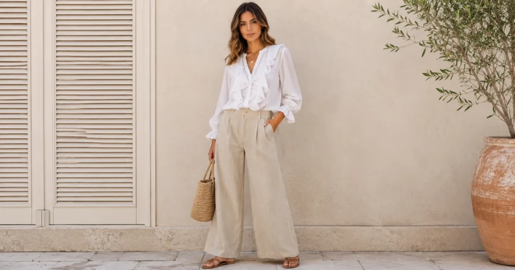 Ruffle Front Blouse Trend: How to Style It in 2026 4 White ruffle front blouse with linen trousers for spring and summer outfit inspiration.