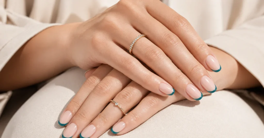 Teal Nail Trends 2026 featuring nude nails with clean teal French tip nail art.