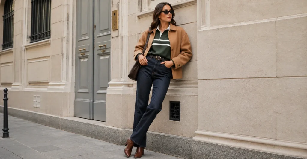 Rugby Shirts Jeans Trend: How to Style It in everytime 8 Fall rugby shirts jeans trend outfit featuring a green rugby shirt and dark jeans.