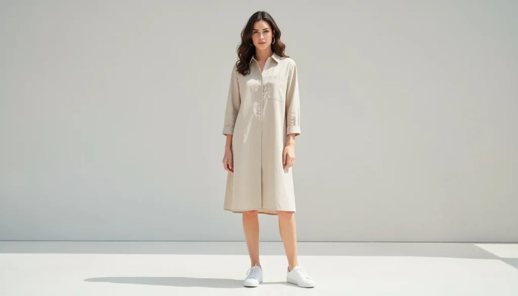 Shirt Dresses for Women: The Complete Style Guide 6 Shirt dresses for women styled with a beige cotton shirt dress and sneakers.