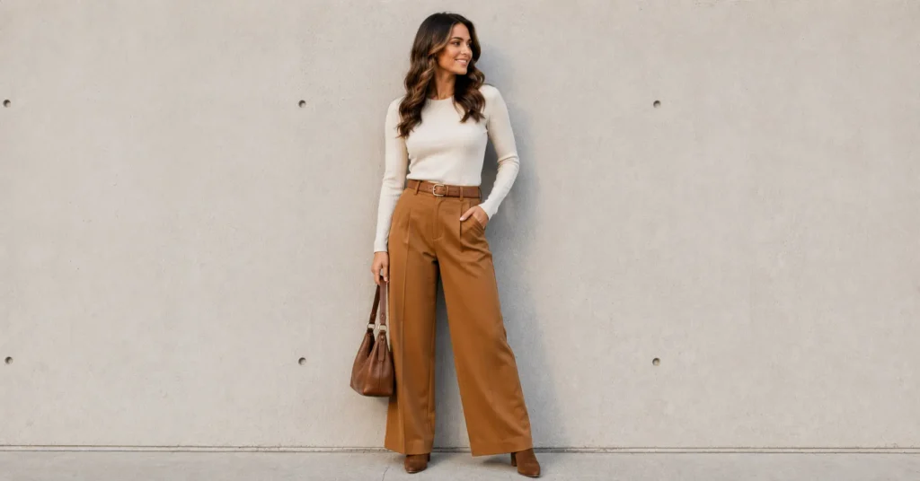 Teddy Swims Concert Outfit Ideas: What to Wear to the Show 7 Warm-toned Teddy Swims concert outfit ideas with caramel trousers, ivory top, and suede boots.