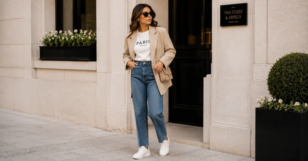 Wool Blazers for Women: The Complete Style & Buying Guide 4 Casual wool blazers for women outfit ideas with oversized beige blazer, jeans, and white sneakers.
