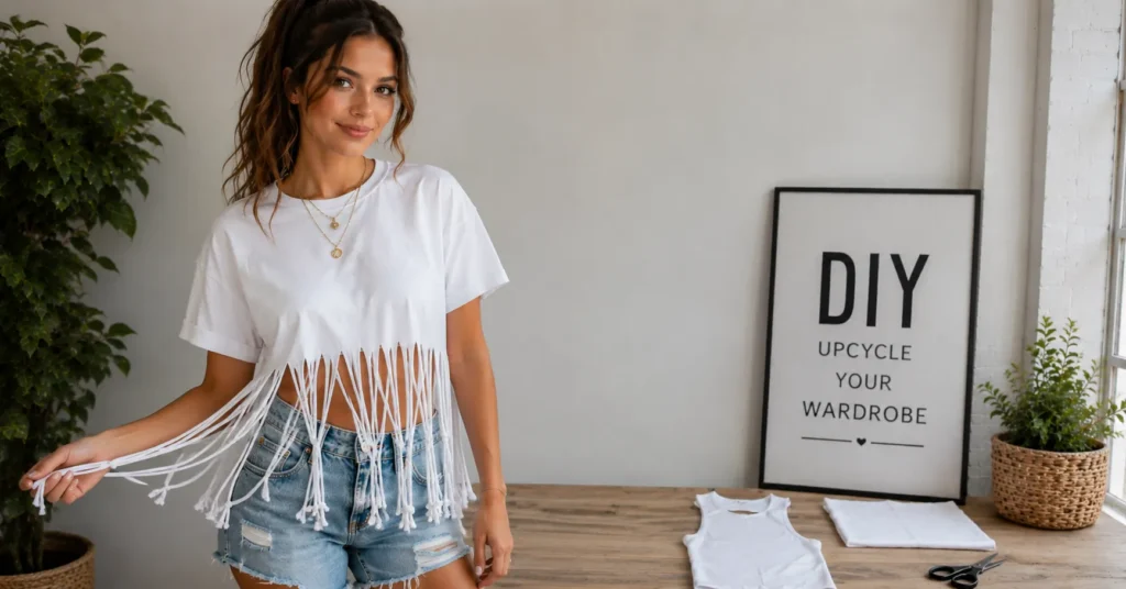 Cutting Shirts: The Guide to DIY Shirt Cutting Styles, Tips and Designs 7 Cutting shirts into a fringe design for creative DIY t-shirt fashion ideas.