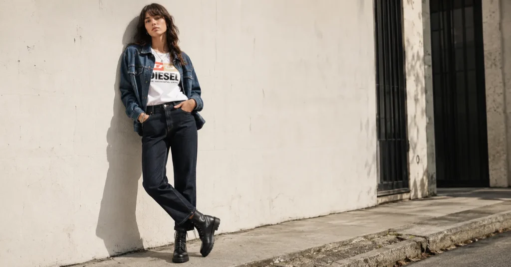 Diesel Outfit Ideas: How to Style Denim and Streetwear With Confidence 6 Diesel outfit ideas featuring dark denim jeans, combat boots, and edgy streetwear styling.