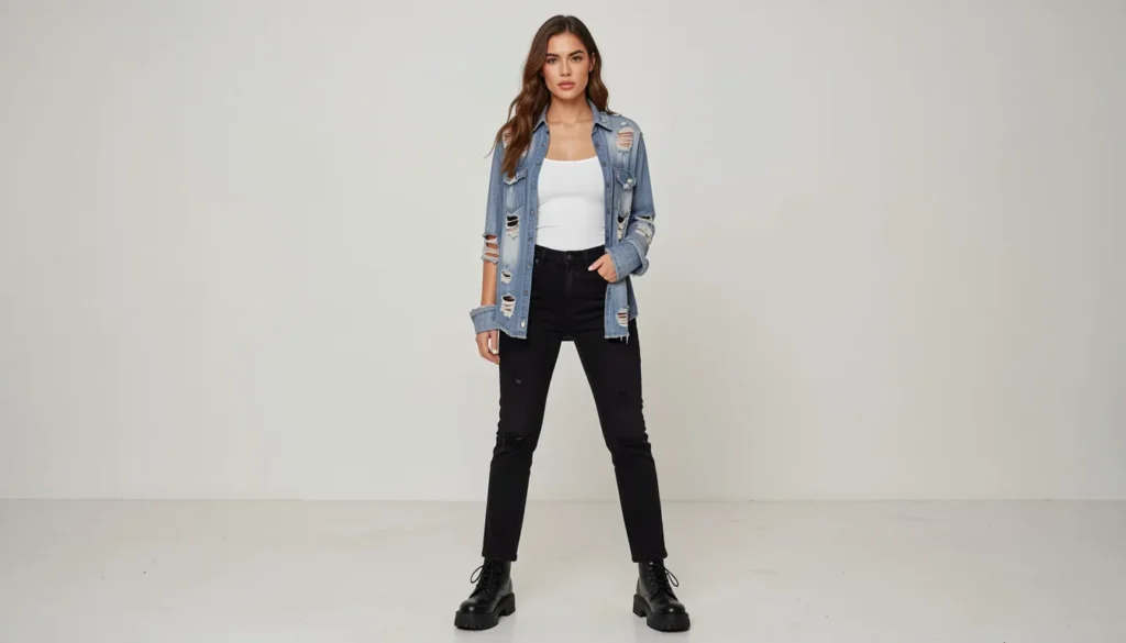 Distressed Shirt for Women: The Complete Guide to Edgy, Effortless Style 6 Distressed shirt for women styled with black jeans and combat boots for an edgy outfit.