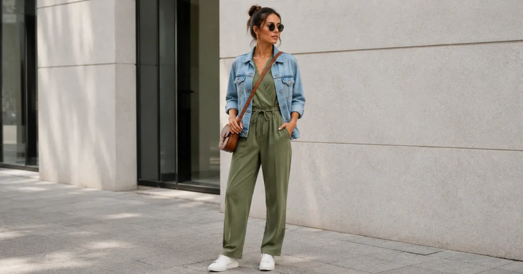 Green Jumpsuit Styles: How to Wear This Versatile Wardrobe Hero 7 Green jumpsuit styles layered with a denim jacket for casual fashion