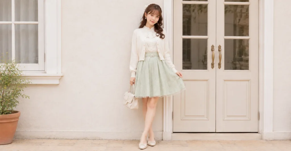 Spring himekaji outfits with a mint green skirt and lace blouse.