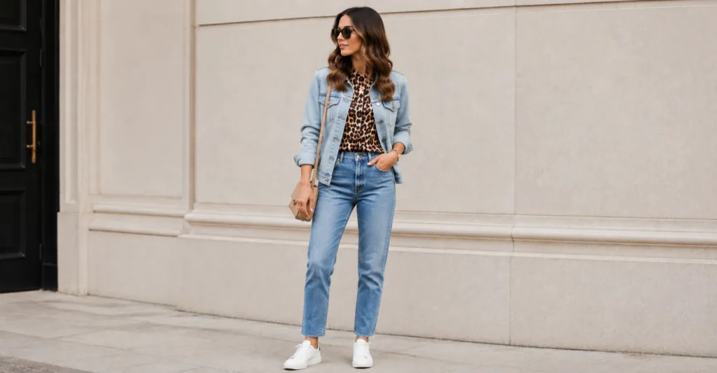 Leopard Print Outfit Ideas: How to Wear This Timeless Statement With Confidence 3 Leopard print outfit styled with a denim jacket and blue jeans.