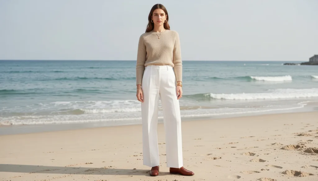 Old Money Summer Fashion: The Complete Guide to Timeless Warm-Weather Style 9 Old Money Summer Fashion with white linen trousers and a beige knit top.