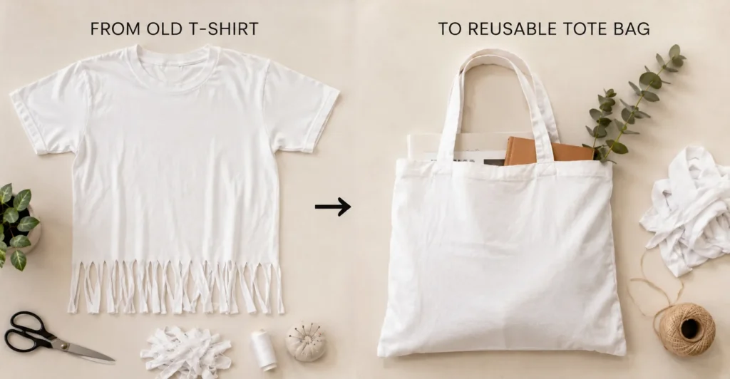 Upcycle Shirt Projects: The Complete Guide to Refashioning Old Shirts Into Something New 4 Upcycle shirt project showing an old t-shirt transformed into a reusable tote bag.