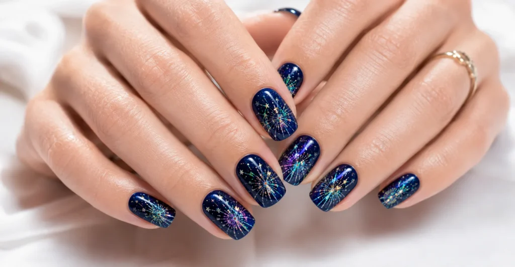 Firework nails with holographic burst details and sparkling flakes on dark blue polish.