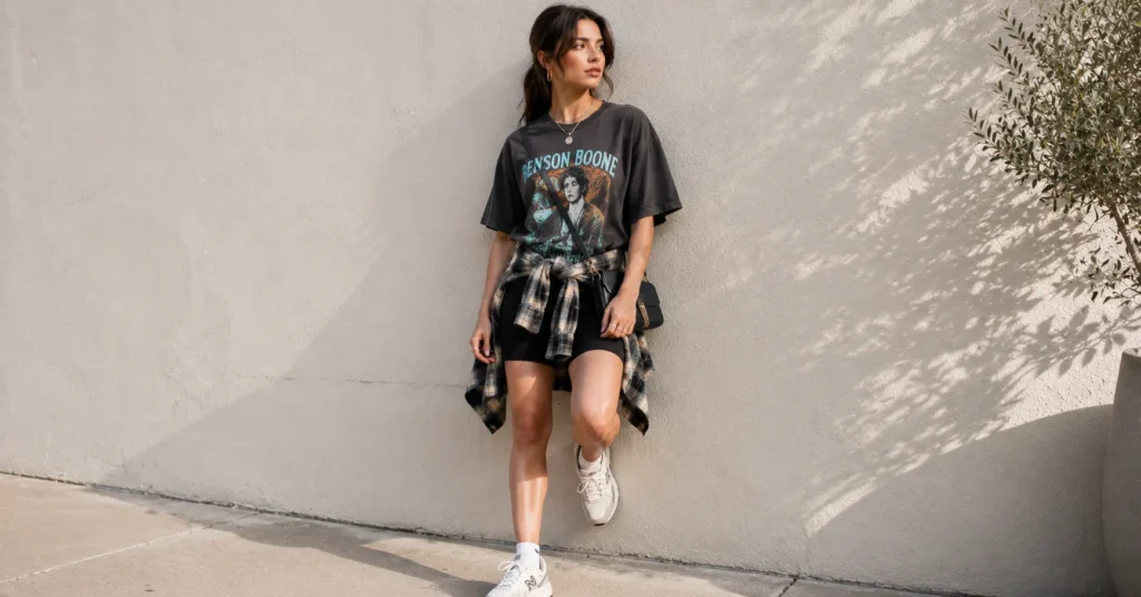 Benson Boone Concert Outfit Ideas: Looks to Match Every Vibe and Venue 6 Benson Boone concert outfit ideas with an oversized graphic tee, flannel shirt, sneakers, and crossbody bag.