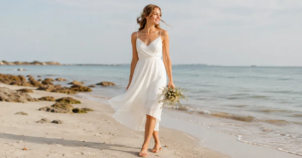 Elopement Dress Ideas: How to Find the Perfect Look for Your Intimate Wedding 7 Elopement dress ideas featuring a lightweight chiffon dress for a beach elopement.