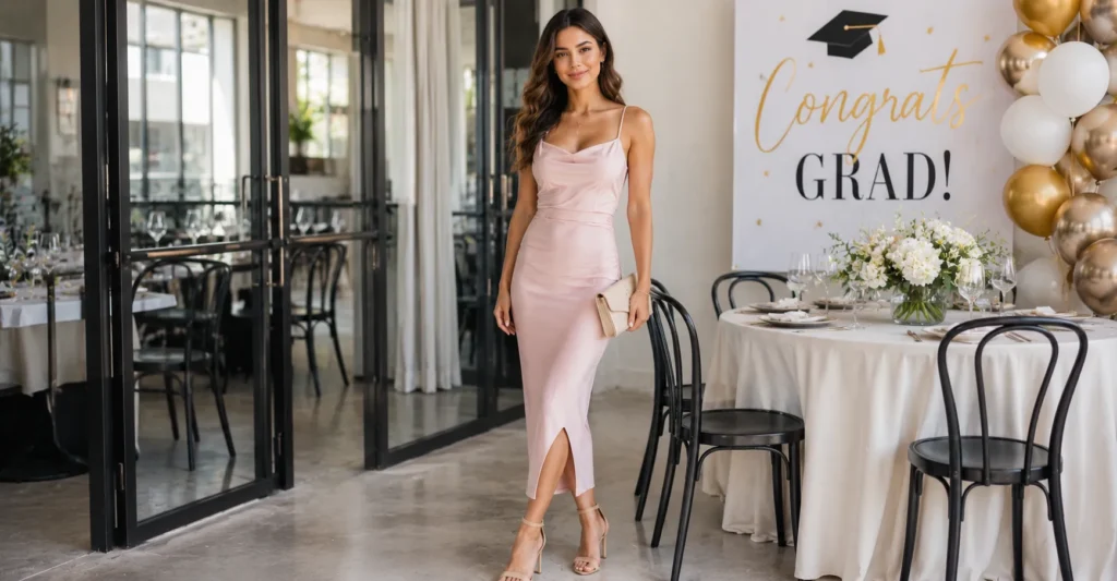 Grad Party Outfit Ideas: Stylish Looks for Every Graduation Celebration 6 Grad party outfit ideas featuring a pastel cocktail dress and heels for a restaurant graduation celebration.