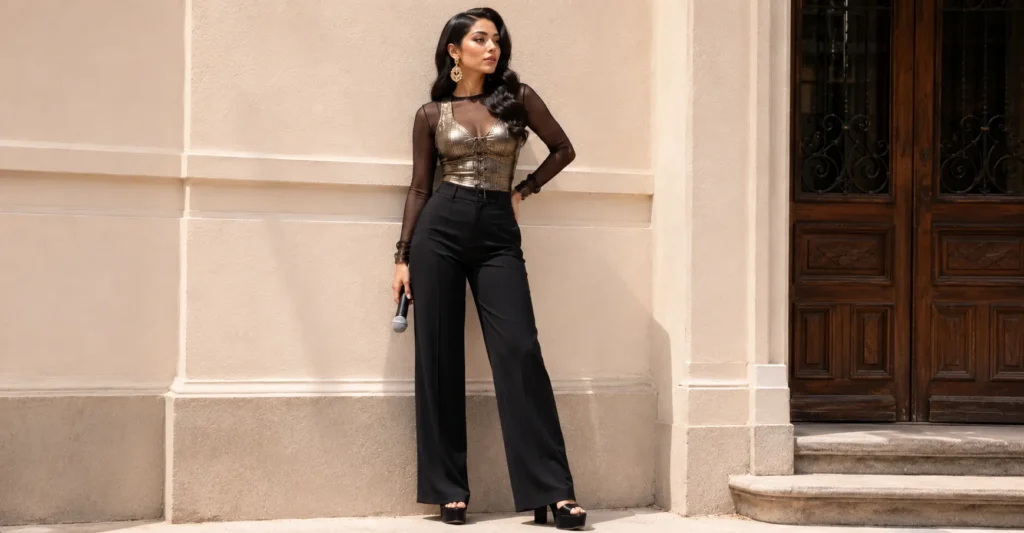 Kali Uchis outfit ideas with a metallic corset-style top, wide-leg trousers, platform heels, and gold earrings.