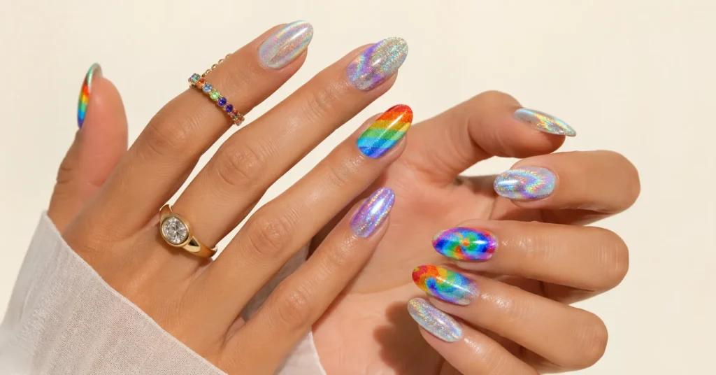 Pride Nails Designs: 30+ Bold Ideas, Colors, and Techniques to Celebrate in Style 7 Pride nails designs featuring glitter rainbow nail art and sparkling colorful manicure ideas.