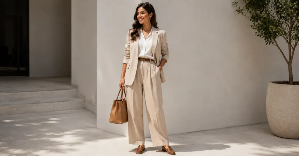 Modest outfit ideas for summer workwear featuring linen trousers and a lightweight blazer.