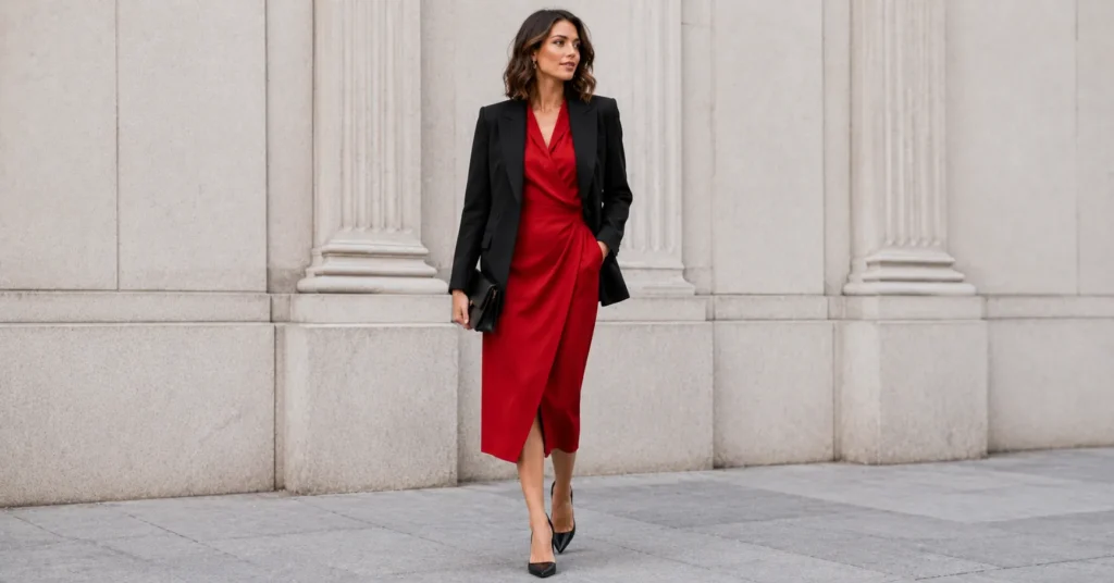 Elegant red and black outfit ideas with a red midi dress and black blazer for evening style.