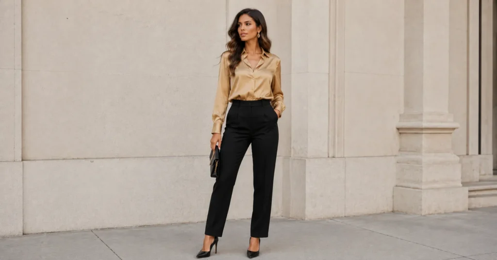 Gold and black outfit ideas with a gold satin blouse and black trousers.