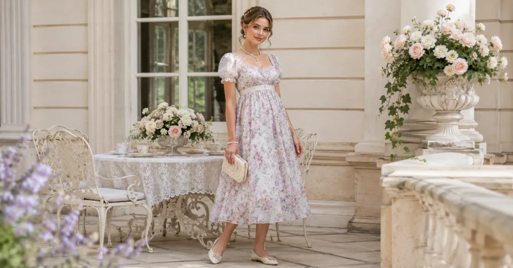 Bridgerton Party Outfit Ideas: 25+ Regency Looks to Steal the Show 7 Bridgerton party outfit ideas featuring a Regency-inspired tea party dress.