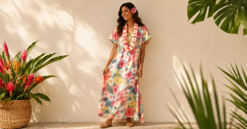 Hawaiian Party Outfit Ideas: 30+ Tropical Looks for Any Luau 6 Hawaiian party outfit ideas featuring a colorful muumuu-style dress.