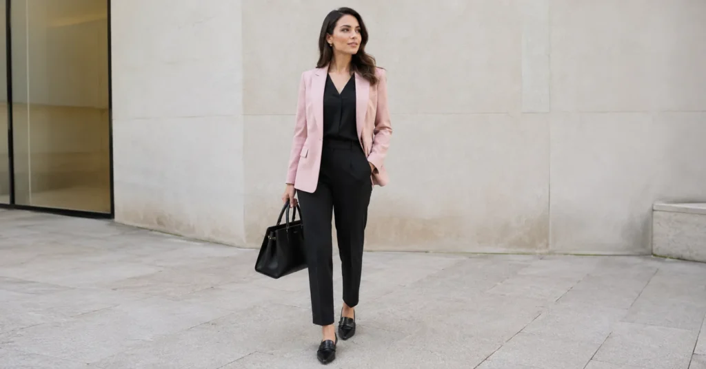 Pink and Black Outfit Ideas: 30+ Bold Looks for Any Occasion 6 Pink and Black Outfit Ideas featuring a professional pink blazer office outfit