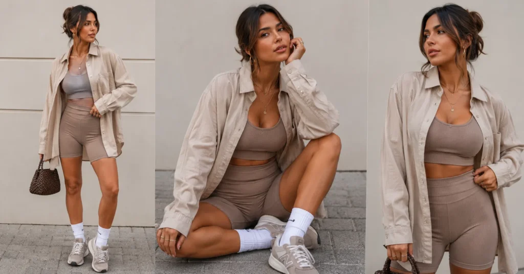 The Complete Guide to Gen Z Outfit Ideas: Trends, Staples, and Styling 6 Gen Z outfit ideas with elevated athleisure styling, workout set, oversized shirt, and sneakers.