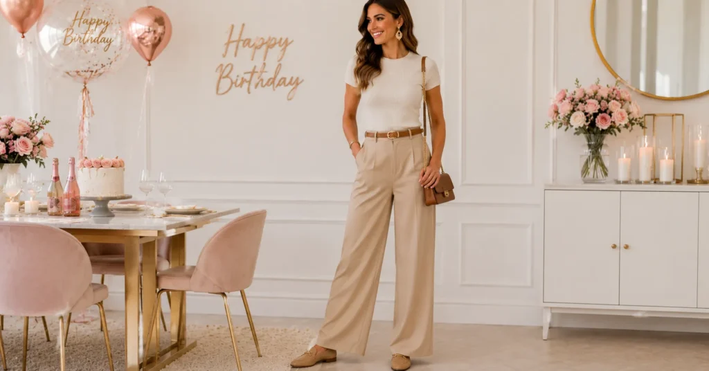 Casual Birthday Outfit Ideas: 30 Effortless Looks You'll Love 6 Casual Birthday Outfit Ideas with wide-leg trousers and a fitted knit top.