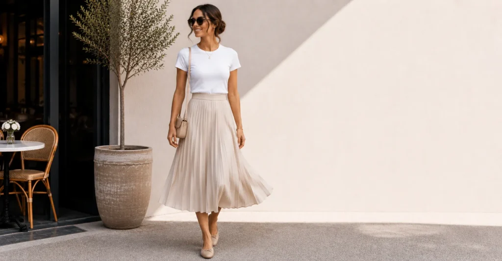 Casual Lunch Outfit Ideas: 30 Effortless Looks for Any Occasion 6 Casual lunch outfit ideas with a pleated skirt and tucked tee.