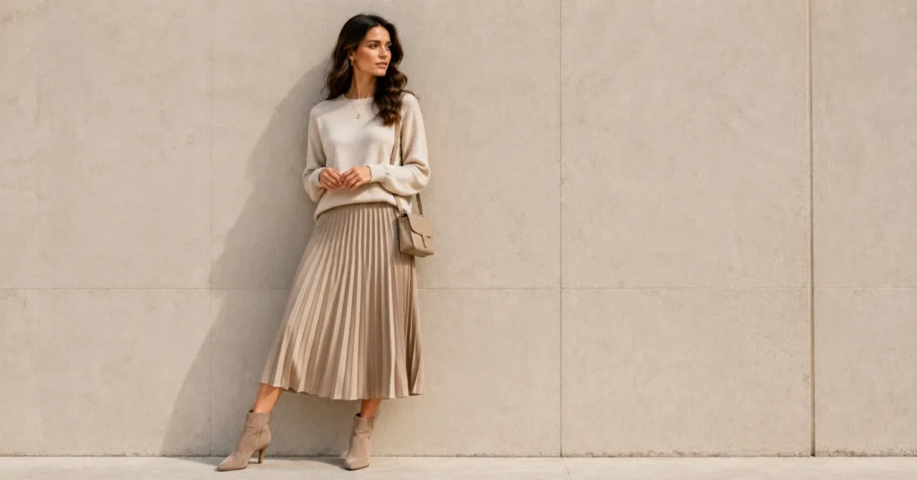 Smart Casual Outfit Ideas with a pleated midi skirt and knit sweater.