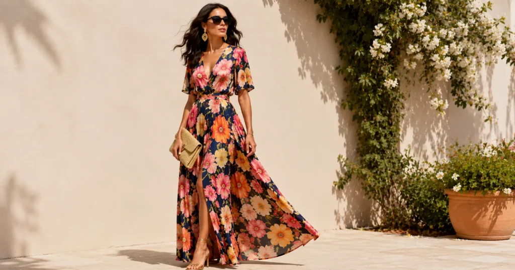 The Ultimate Guide to Summer Maximalist Outfits (2026) 7 Summer maximalist outfits featuring a bold floral maxi dress for garden parties.