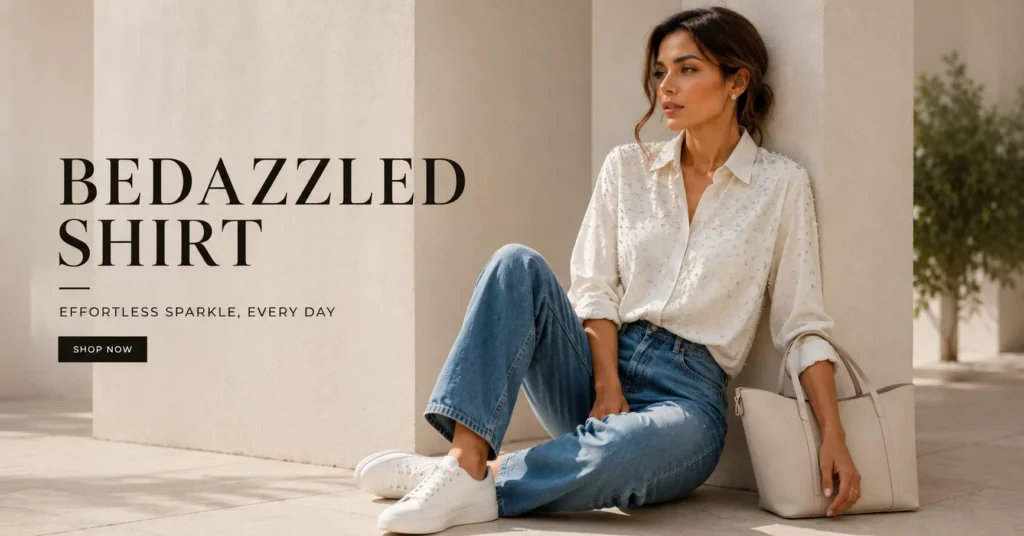 Bedazzled Shirt: The Complete Guide to Dazzling Style 9 Bedazzled shirt styled with relaxed jeans and sneakers for a comfortable weekend look.