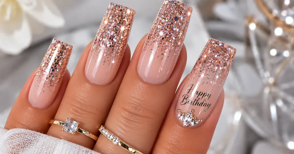 Glamorous birthday nails with glitter gradient and encapsulated sparkle details.