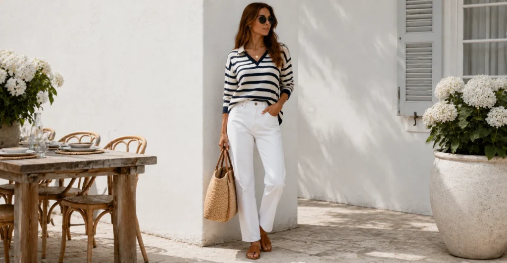 The Guide to Styling Chic Hamptons Outfits for Your Summer Escape 7 Chic Hamptons outfits featuring white denim and nautical striped sweater styling.
