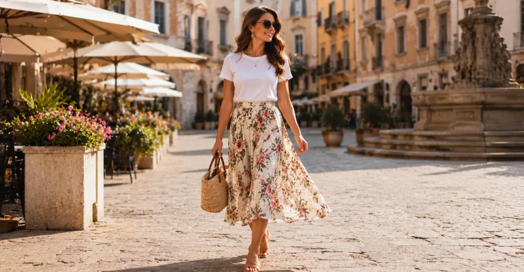 Honeymoon outfit ideas featuring a midi skirt and t-shirt for European city exploration.
