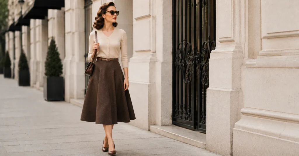 Old fashioned outfits with a classic cardigan and midi skirt creating a timeless vintage-inspired look.