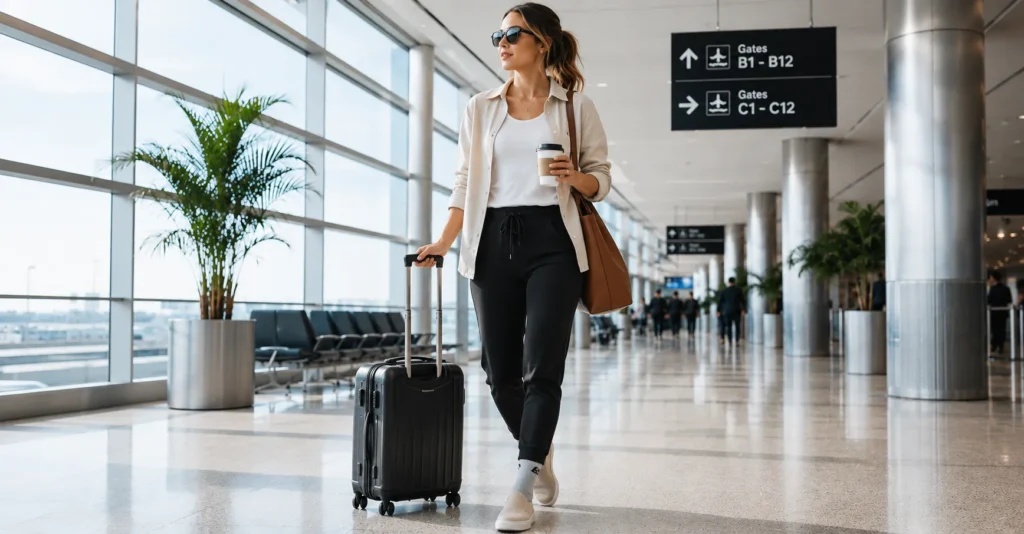 Plane outfits featuring travel-friendly sneakers and essential airport fashion accessories.