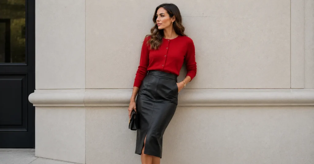 Red cardigan outfits paired with a black leather skirt for a modern and stylish evening look.
