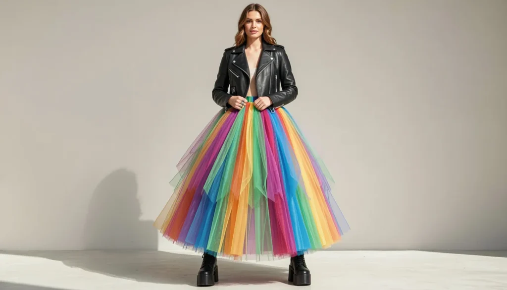 Ridiculous outfits featuring a dramatic tulle skirt styled with edgy fashion pieces.