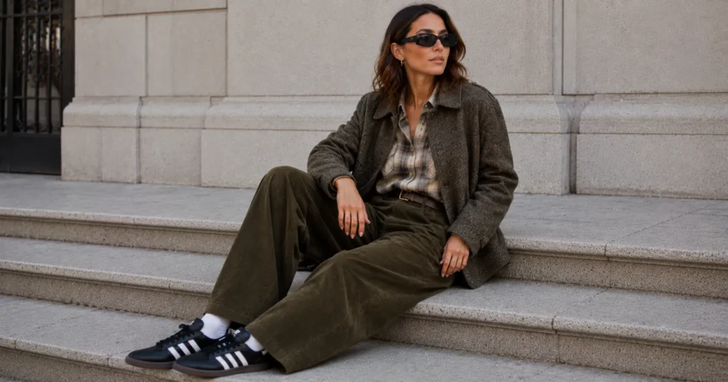Autumn samba adidas outfit with corduroy pants, flannel shirt, and Adidas Samba sneakers.