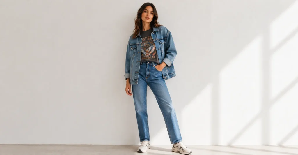 Layered graphic tee styling with denim jacket